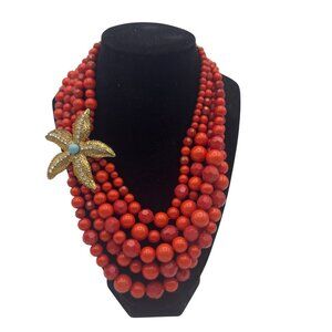 Multi-Strand Beaded Statement Necklace With Starfish Accent Red Gold